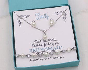 Bridesmaid Pearl Earrings Set, Bridesmaid Jewelry, Bridesmaid Jewelry Gift, Flower Girl Earrings, Jennifer Silver Jewelry Set