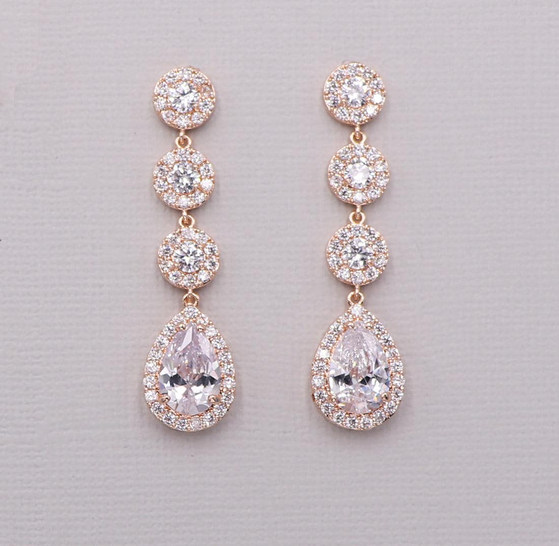 Long Wedding  Earrings  Rose  Gold  Round and Pear Cubic 