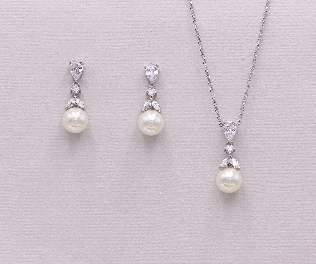 Crystal Pearl Jewelry Set, pearl bridal earrings, wedding jewelry, br…
