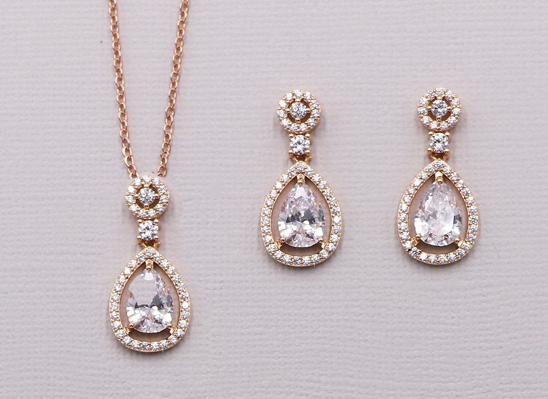 Jewelry Set for Brides, Rose Gold Teardrop Wedding Necklace Set