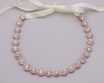 Bridal Headband Rose Gold, Bridal Ribbon Headband, crystal ribbon headband, wedding headpiece, rhinestone tiara, Alicia Rose Gold Headband