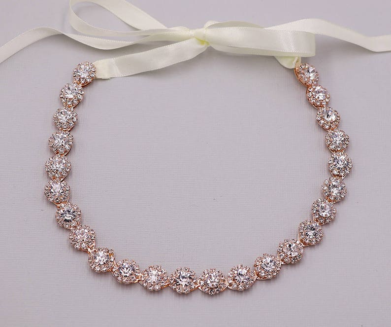 Bridal Headband Rose Gold Bridal Ribbon Headband crystal Etsy