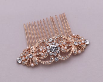 Rose Gold Crystal Pearl Wedding Comb, Bridal Comb pearl, Wedding Crystal Hair Comb, Hair Comb, Wedding Accessory, Jayla Rose Gold Pearl Comb