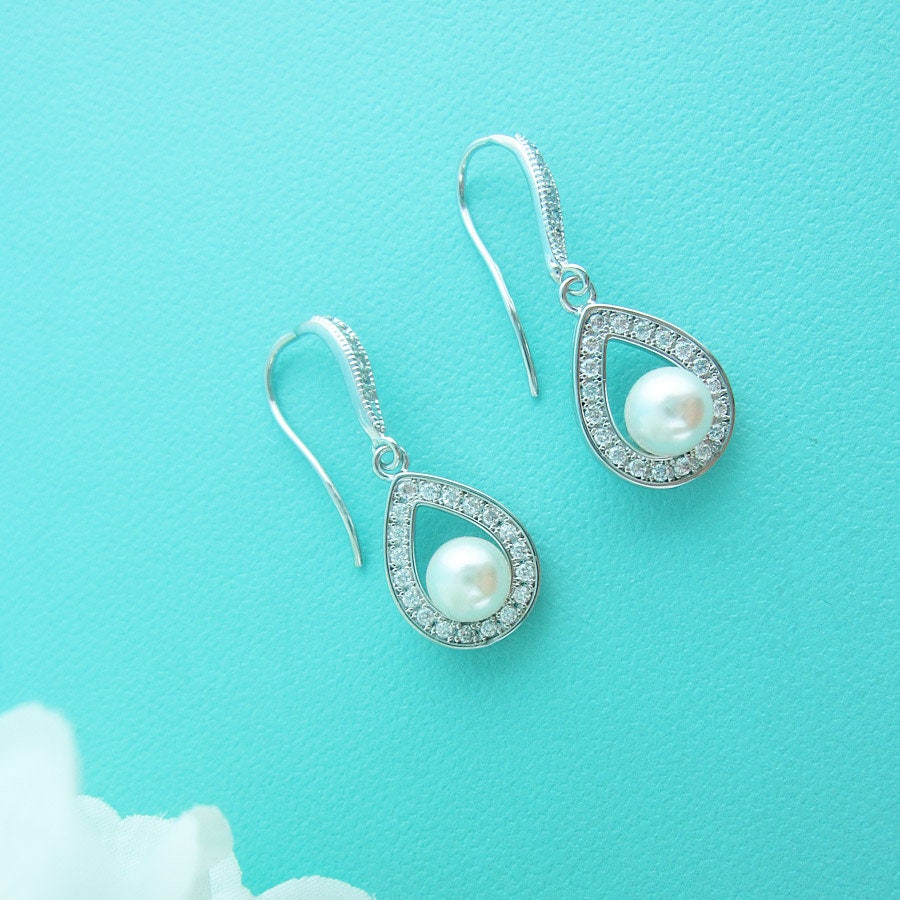 Pearl CZ Earrings pearl bridal earrings cubic zirconia Etsy