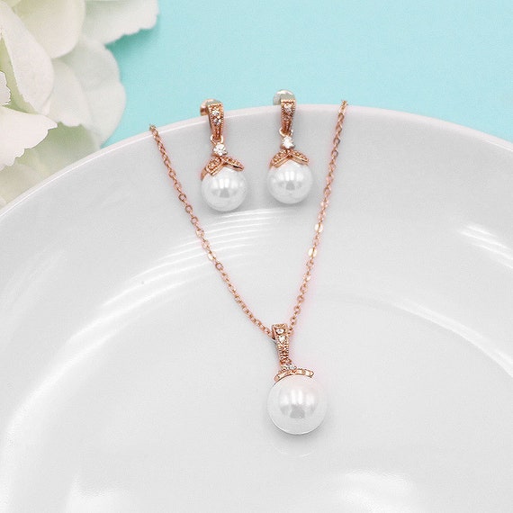 Rose Gold Pearl jewelry set CZ Pearl Wedding Necklace Set | Etsy