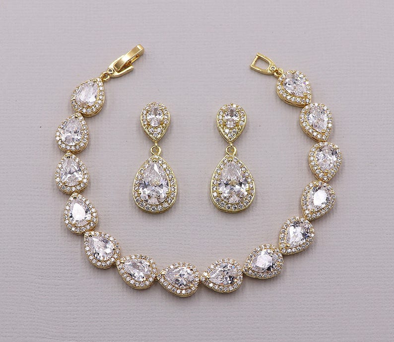 Teardrop Earrings Set, Wedding Bracelet Set, Earrings Bracelet Set, Bridal Jewelry, Jewelry for Bride, Halo Bracelet, Kensley Bracelet Set image 4