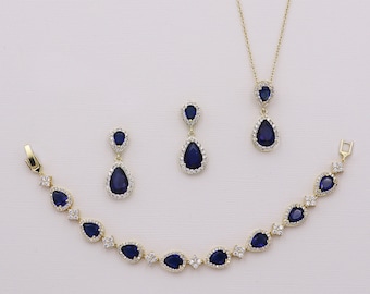 Blue Gold Crystal Jewelry Set, Bridal Earrings Sapphire, Blue Jewelry Set, Kensley Sapphire Blue Gold Earrings and Necklace Set