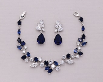 Sapphire Bracelet Set, Wedding Bracelet Set, blue bridal jewelry, teardrop wedding earrings,bridal earrings, Natalia Sapphire Bracelet Set