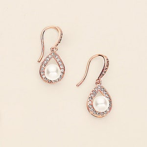 Pearl CZ Earrings, pearl bridal earrings, cubic zirconia earrings, wedding jewelry, wedding earrings, Annabel Rose Gold Earrings