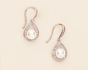Pearl CZ Earrings, pearl bridal earrings, cubic zirconia earrings, wedding jewelry, wedding earrings, Annabel Rose Gold Earrings
