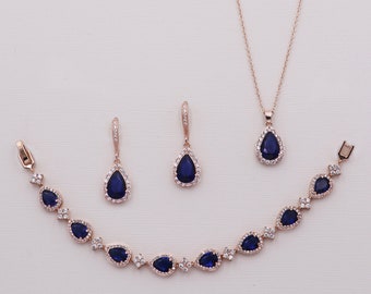 Sapphire Rose Gold Wedding Jewelry Set, cubic zirconia earrings, bridal jewelry, wedding earrings, Addison Sapphire Rose Gold Jewelry Set