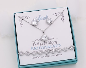 Bridesmaid Jewelry Gift Set Silver, Bridesmaid Jewelry Set Earrings and Bracelet, Ansley Bridesmaids Earrings, Necklace and Bracelet Set