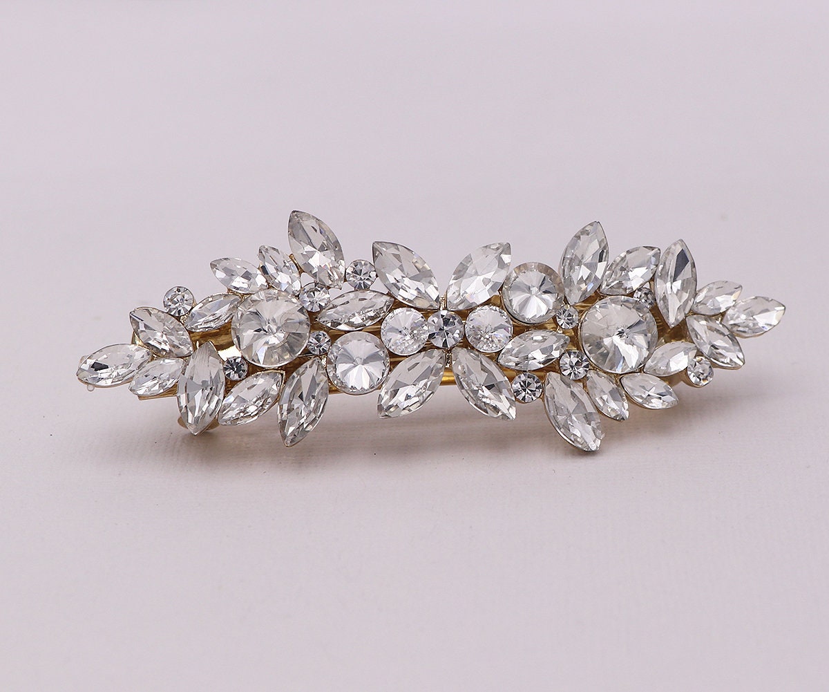 Bridal Barrette, Gold Bridal Rhinestone Crystal Barrette, Bridal Comb…