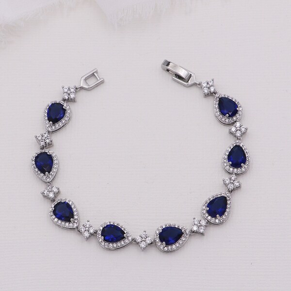 Blue Sapphire Bracelet, Bridal Bracelet Sapphire, Blue Wedding Bracelet, Avery Sapphire Blue Silver Bracelet