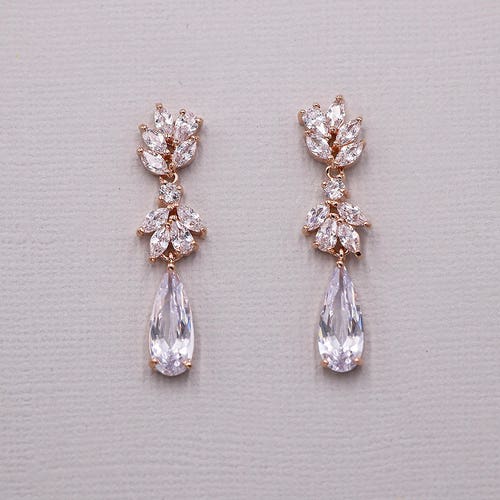 Rose Gold Earrings for Brides Wedding Earrings Teardrop - Etsy