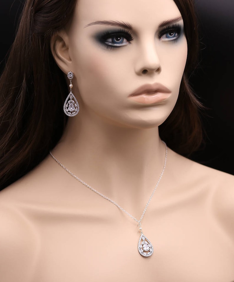 Savannah Silver Jewelry Set Wedding Earrings cubic zirconia necklace set bridal jewelry Bridal Jewelry Set Silver