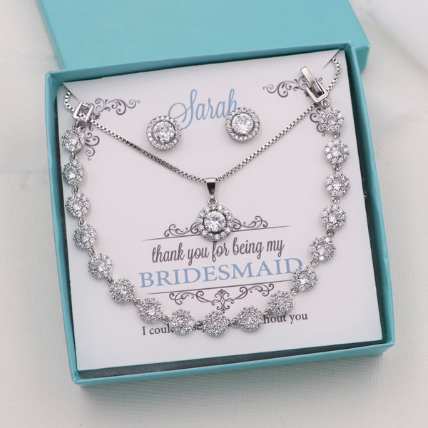 Silver Bridesmaids Jewelry Set, Round Halo Jewelry Set, Personalized Bridesmaids Jewelry Gift Set, Karina Bridesmaids Jewelry Set DISC