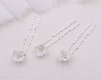 Porcelain Flower Wedding Hair Pin, Flower Pearl Hair Pin, Bridal Hairpins, Wedding Hairpin, bridal hair pearl, Sasha Flower Hairpin