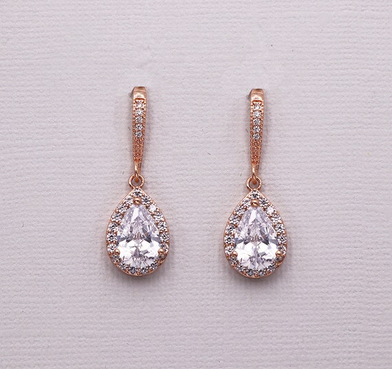 Rose Gold Wedding Earrings Cubic Zirconia Earrings Bridal - Etsy