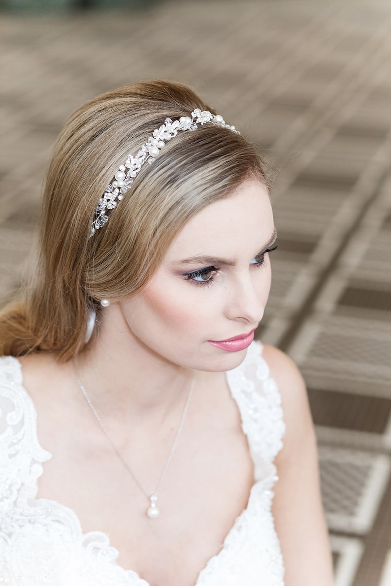 Crystal bridal Hair Vine pearl ribbon headband wedding | Etsy