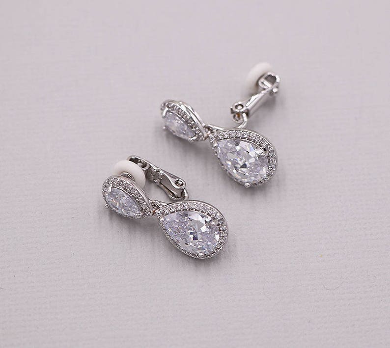 Clip on CZ earrings, pear cubic zirconia earrings, clip on wedding earrings, bridal jewelry, wedding earrings, Kensley Clip on Earrings image 2