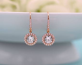 Wedding earrings Rose Gold, round solitaire bridal earrings, cubic zirconia lever back earring, wedding jewelry, Natasha Rose Gold Earrings