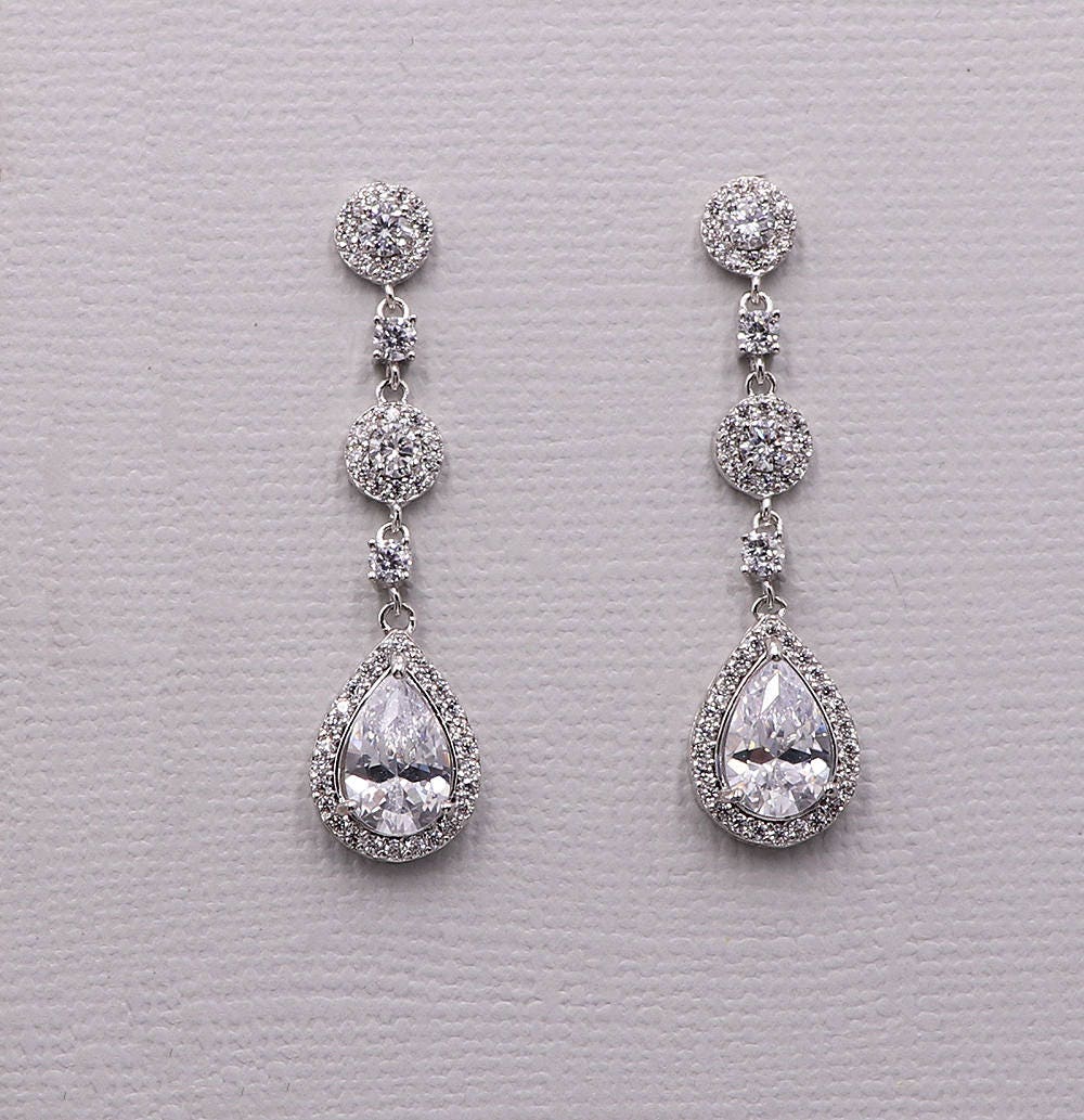 Wedding Earrings, bridal earrings, tear drop pear cubic zirconia earr…