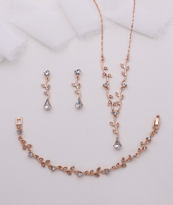 18 Karat Rose Gold Plated Pendant and Earring Sets Bridal and Bridesmaid Accessories Wedding Party Crystalline Azuria Rose Gold Jewelry: Crystal Rose Flower Necklace and Earrings Set for Women 