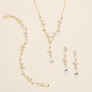 Wedding Jewelry Set Gold, Crystal Bridal Pearl Jewelry Set, Rose Gold Jewelry Set, Carla Vine Pearl Gold Jewelry Set