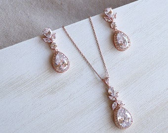 Rose Gold Wedding Jewelry Set for Brides, Teardrop Wedding Earrings and Necklace Set, bridal jewelry, Tulips Rose Gold Jewelry Set