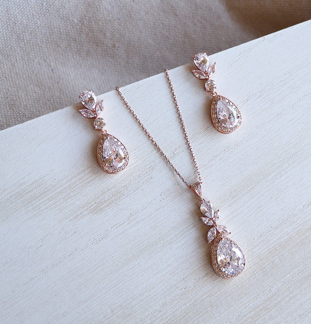 Rose Gold Wedding Jewelry Set for Brides, Teardrop Wedding Earrings and ...