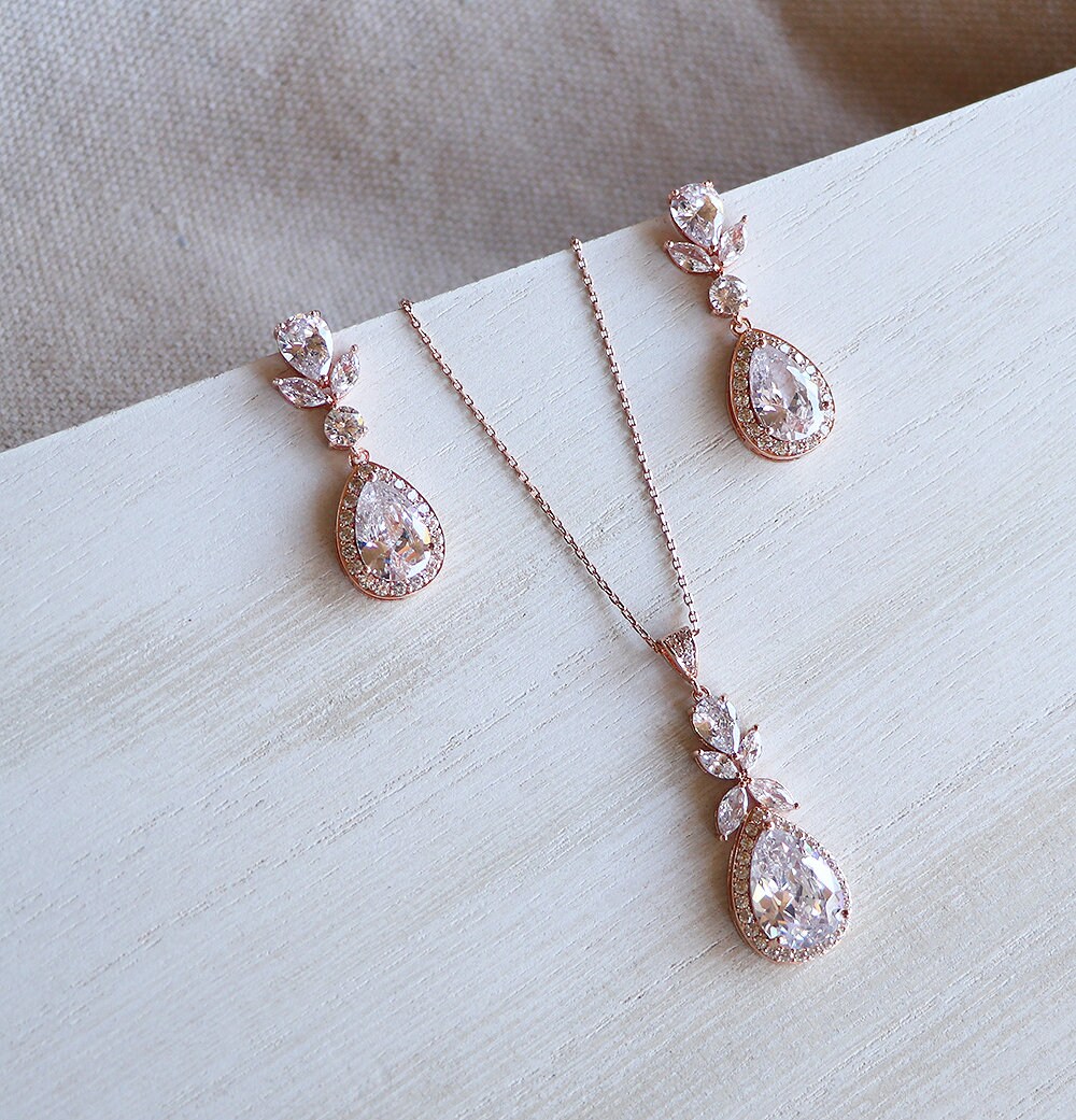 Rose Gold Wedding Jewelry Set for Brides, Teardrop Wedding Earrings a…