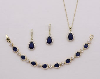 Sapphire Gold Wedding Jewelry Set, cubic zirconia earrings, bridal jewelry, wedding earrings, Addison Sapphire Gold Jewelry Set