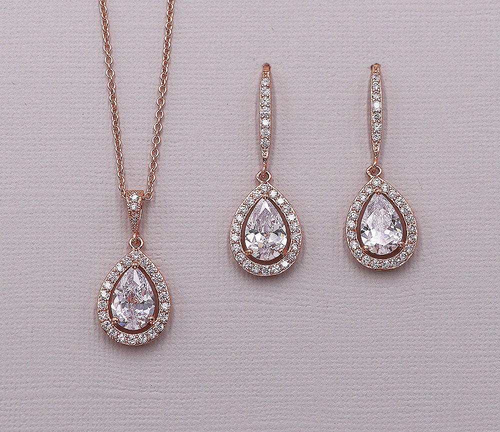 Rose Gold Wedding Earrings Necklace Set Crystal Jewelry Set Etsy