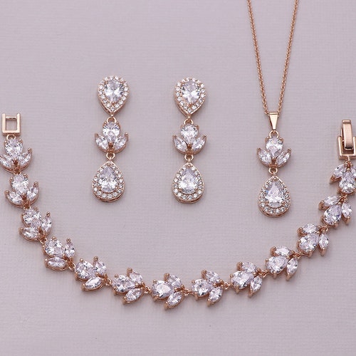 Rose Gold Jewelry Bridal Jewelry Set Crystal Necklace Etsy