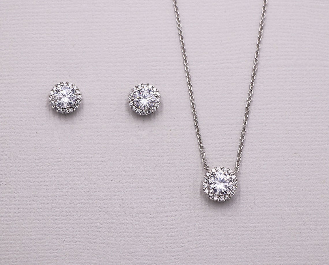 Wedding Jewelry Set Silver Wedding Earrings Round Crystal Etsy