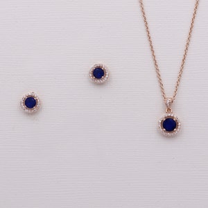 Blue Sapphire Rose Gold Necklace and Earrings Set for Brides, Blue Jewelry Set, Karina Sapphire Blue Rose Gold Pendant Jewelry Set