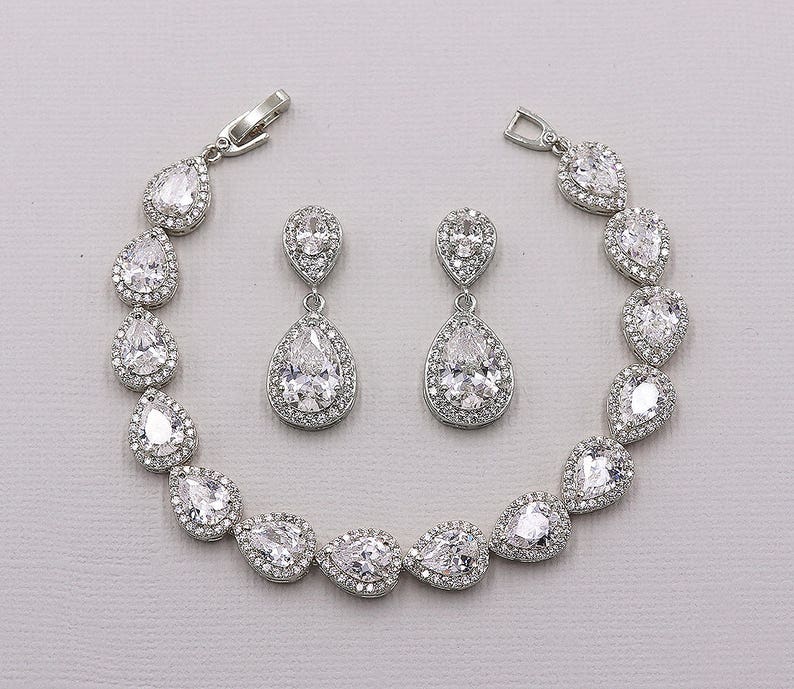 Teardrop Earrings Set, Wedding Bracelet Set, Earrings Bracelet Set, Bridal Jewelry, Jewelry for Bride, Halo Bracelet, Kensley Bracelet Set image 1
