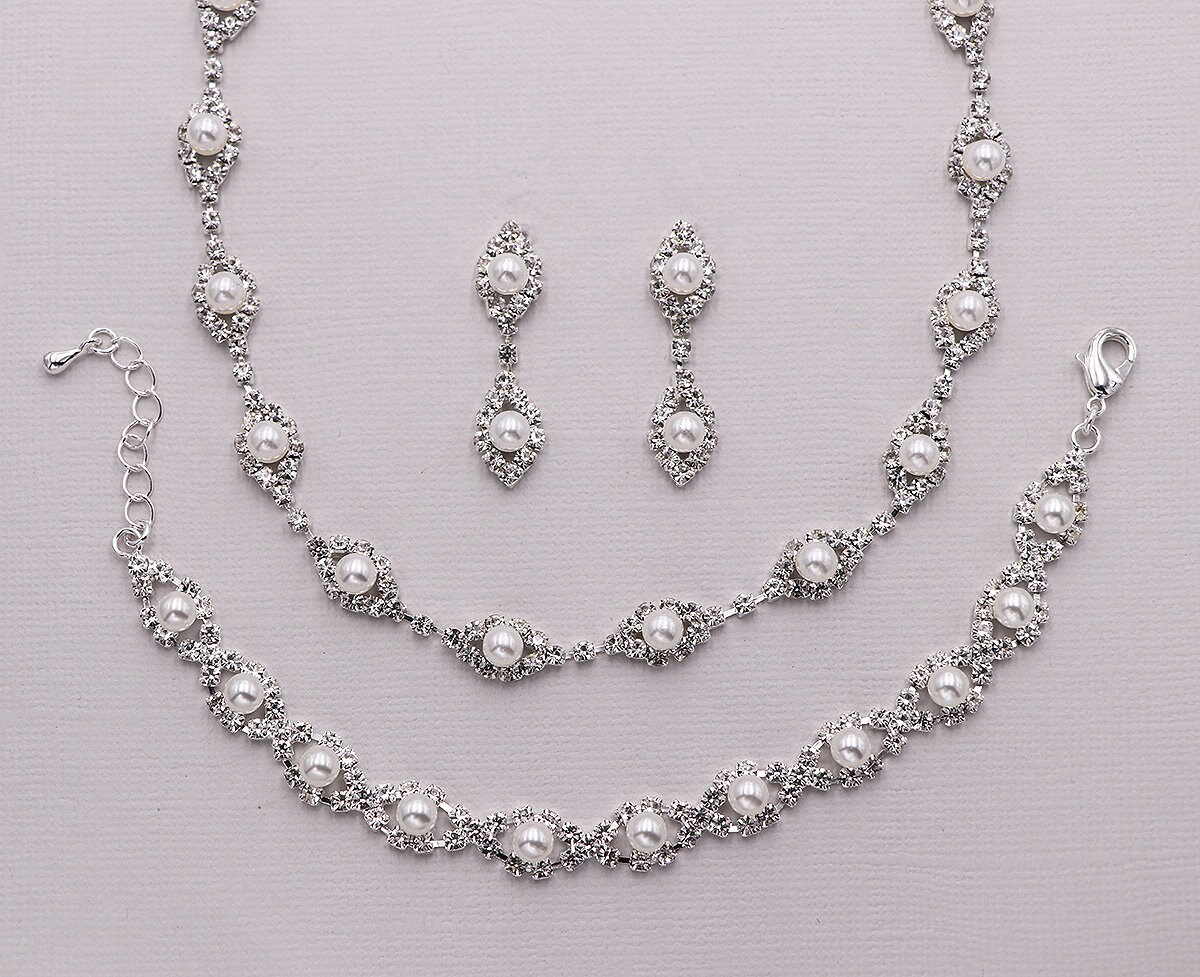 Pearl Wedding Jewelry Set, Rhinestone pearl necklace set, crystal ivo…