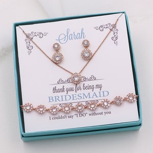 Bridesmaid Jewelry Rose Gold, Bridesmaids Jewelry Gift Set, Aubrie Bridesmaids Earrings Necklace and Bracelet Rose Gold Set