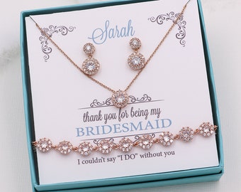 Bridesmaid Jewelry Rose Gold, Bridesmaids Jewelry Gift Set, Aubrie Bridesmaids Earrings Necklace and Bracelet Rose Gold Set