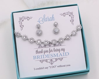 Bridesmaid Jewelry Gift, Earrings Bracelet Set, Silver Crystal wedding bracelet, Bridesmaid bracelet, Aubrie Bridesmaids Bracelet Set