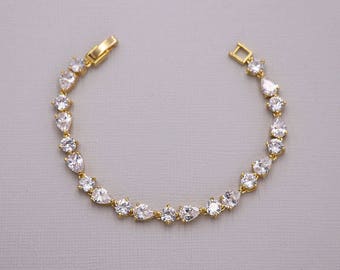 Gold Wedding Bridal Bracelet, Round CZ Bracelet, cubic zirconia bracelet, bridal jewelry, Pear and Round Bracelet, Lilianna Gold Bracelet