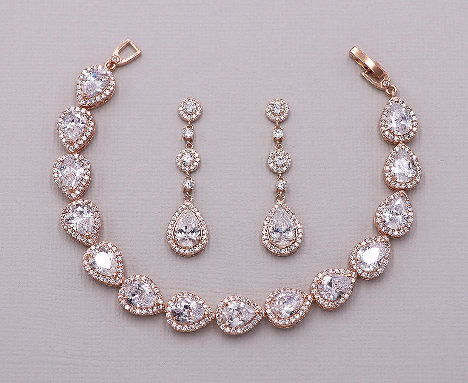 Rose Gold Wedding Jewelry Set Bridal Earrings Set Tear Drop Etsy