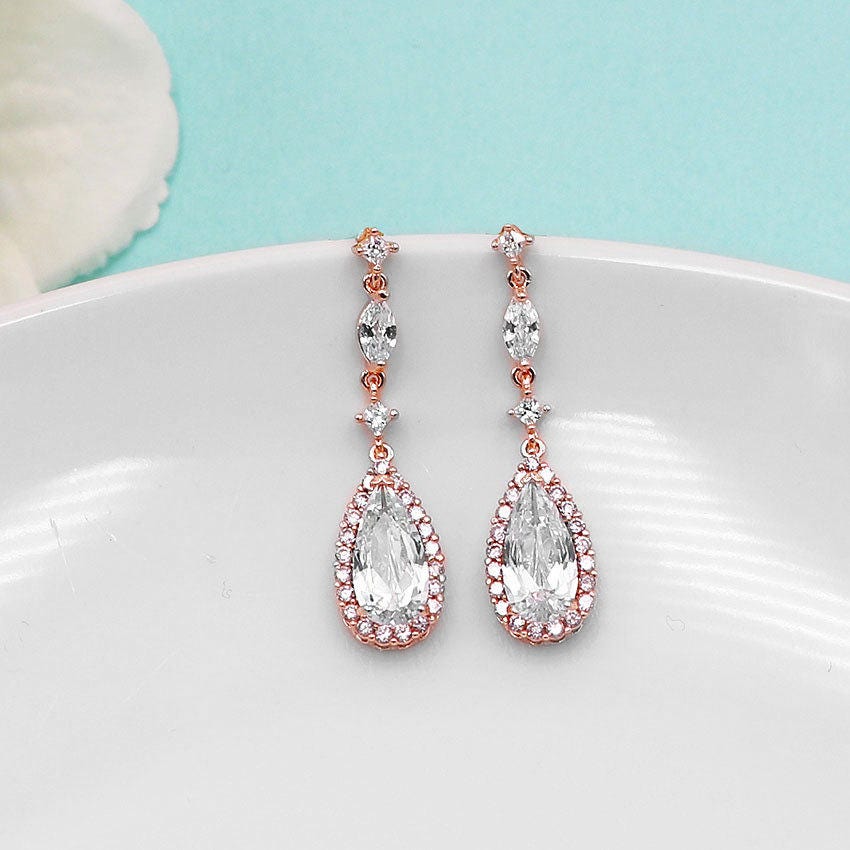 Rose Gold Wedding Earrings cubic zirconia earrings bridal | Etsy