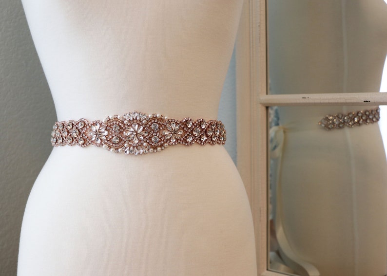 Rose Gold Bridal Sash Wedding Dress Belt Rhinestone Pearl Etsy