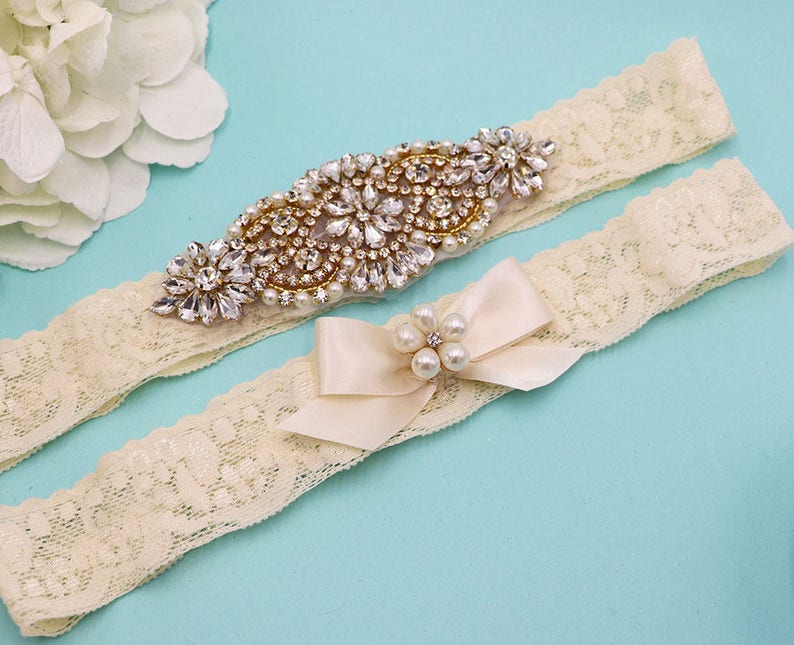 Gold Bridal Garter Set Gold Wedding Garter Lace Wedding Toss Etsy