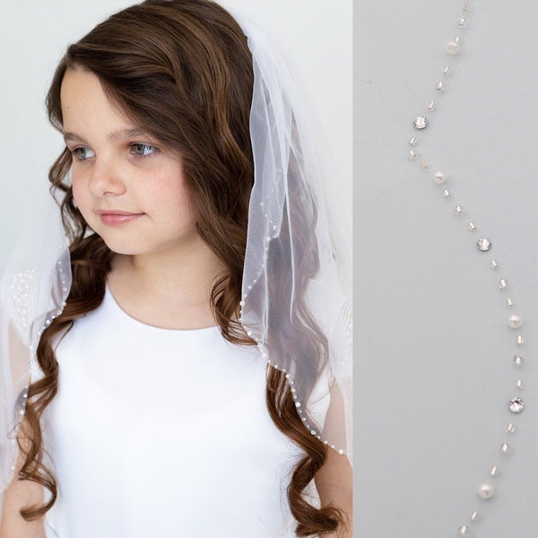 Communion Veil Pearl, Scalloped Beaded Veil, Flower Girl Veil, First Communion Veil Ivory, White, Scalloped Communion Veil