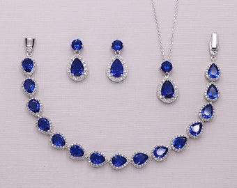 Sapphire Blue Bridal Jewelry Set, Crystal Wedding Necklace Set, wedding jewelry set, bridesmaid jewelry set, Avery Blue Pear Jewelry Set