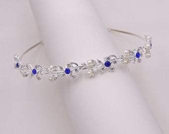 Sapphire Blue Bridal Headband, Pearl Wedding Headband, wedding headpiece, rhinestone tiara, Ava Blue Crystal Pearl Headband 1-DISC